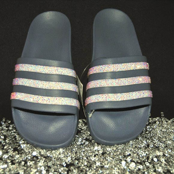 ‼️SOLD‼️Custom Adilette Aqua Lilac Bling Slides - Picture 1 of 5